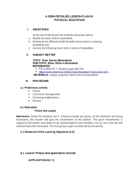 LESSON PLAN IN BASKETBALL (TEAM SPORTS) .